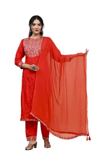 Costume Salwar Kameez rouge en rayonne avec dupatta Aashita Creations ensemble 3 pièces
