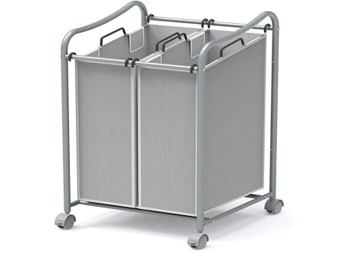 Simple Houseware 2-Bag Heavy Duty Rolling Laundry Sorter Cart, Silver – 2 Section Removable Bags and Lockable Wheels for Laundry Room Organization