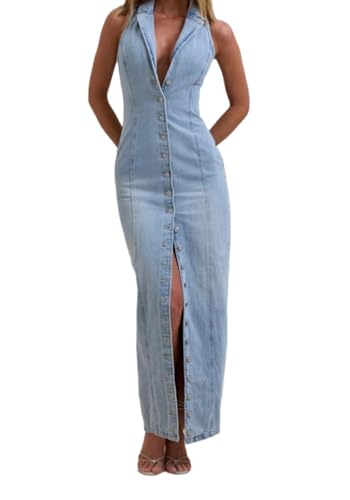 NRTHYE Womens Summer Elegant Sleeveless Maxi Denim Dress V Neck Button Down Bodycon Sexy Long Jean Dresses with Split