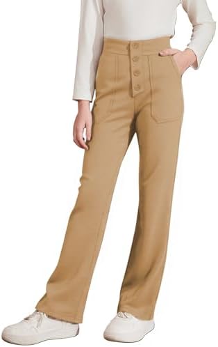 blibean Teen Girls Straight Leg Uniform Dress Pants, Khaki, Size 14 5 16