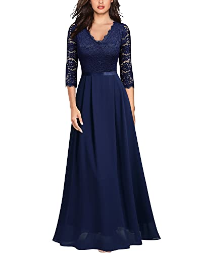 MISSMAY Women's Formal Floral Lace 2/3 Sleeves Long Evening Party Maxi Dress (Large, Navy Blue)