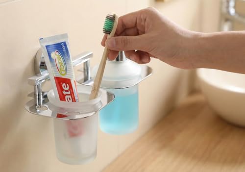 Image of Stainless Steel Toothbrush Holder with Glass Tumbler & Liquid Soap Dispenser Set - Wall Mounted 2-in-1 Bathroom Organizer, Chrome Finish (Square /Frosted Glass) (E 3712)