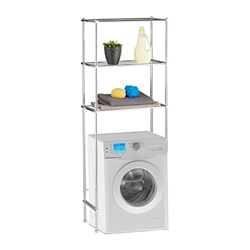 Relaxdays Überbauregal Waschmaschine, WC-Regal mit 3 Ablagen, Waschmaschinenregal Chrom, HBT: 162 x 63 x 30 cm, Silber