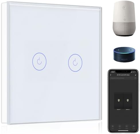 BSEED Interruptor de Pared WiFi,Interruptor Inteligente 2 Gang 1 Vía con Pantalla Táctil Blanco,Compatible con Alexa, Google Home, Control de APP y Fu...