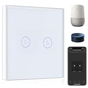 BSEED Smart Lichtschalter 2 Fach 1 Weg Wifi Smart Lichtschalter arbeitet mit Amazon Alexa and Google Home, Touch Wandschalte Glas Touchscreen-schalter Weiß(Erforderlich NeutralDraht)