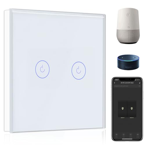 BSEED Interruttore WIFI 2 Gang 1 Via Interruttore Smart Compatibile con Google Home e Amazon Alexa, Interruttore a Parete a Sfioramento Bianco(Richiesto la Linea Neutra)