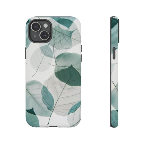 Coque rigide mate iPhone 15 Plus design feuilles bleues chic