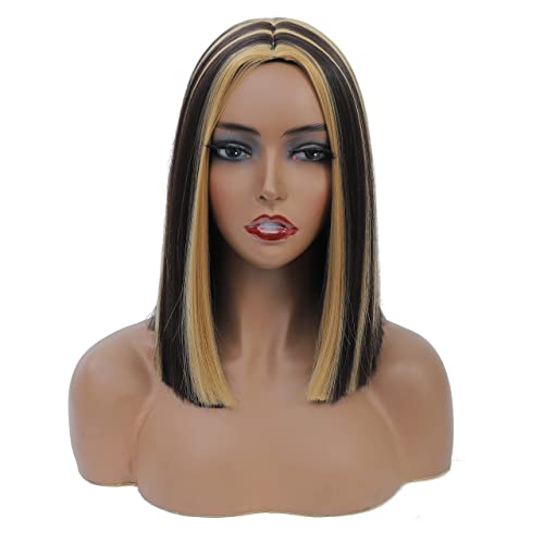 NA Short Bob Straight Hair Synthetic Highlight Brown Wigs, 14" Shoulder Length  Middle Part with No Bangs Colorful Hair for Cosplay Party  (Highlight Brown)