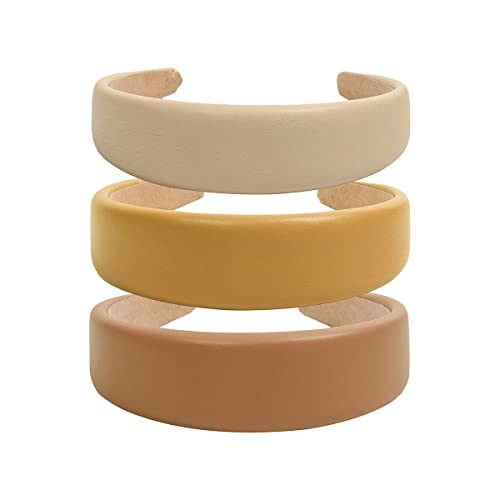 Manshui 3 Pcs Pu Headband, Fashion Pu Leather Headband for Girls and Women, Pu Padded Headband Hair Accessories (Cognac Set)