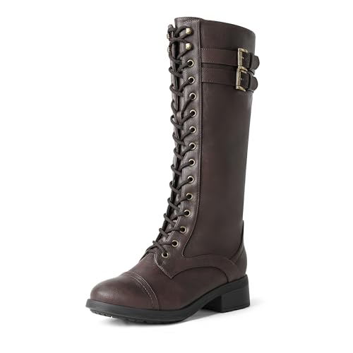 DREAM PAIRS Women's Pu Knee High Riding Combat Boots 6 Georgia-brown