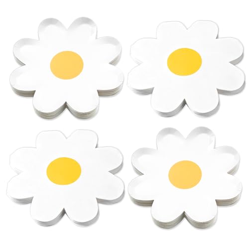 50Pcs Spring Daisy Paper Plates Napkins Groovy Boho Party Supplies white Daisy Flower Dessert Plate Napkin Disposable Flower Shaped Tableware for Birthday Baby Shower Wedding Bridal Party Decorations