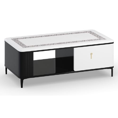 Image of Royaloak Miami American Marble Center Table for Living Room | Art Marble Metal Legs | High Reflective Finish | Telescopic Channel | Drawer Storage | Marble Top