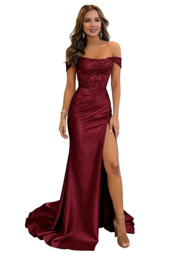 Wine Red Off Shoulder Satin Prom Dresses 2026 Long with Slit Sexy Fitted Sparkly Sequin Corset Mermaid Bridesmaid Dresses for Women Size 10 LRH015