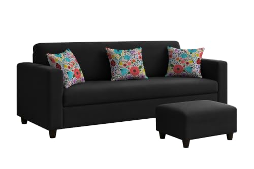 Image of Rosebell 3 Seater Sofa with Ottoman | Living Room Couch | with Printed Cushions | Sofa for Home, Apartment & Office-Black Color
