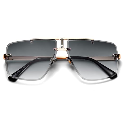 Image of Rimless Oversized Square Sunglasses for Men Trendy Fashion Big Shades Tinted Lens Gold Metal Frameless Glasses UV400