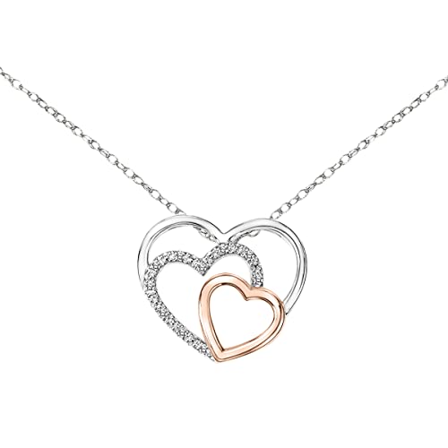Brilliant Expressions Two-Tone Triple Heart Diamond Pendant Necklace in 925 Sterling Silver and 18K Rose Gold Plated, 0.05 Cttw (I-J Color, I3 Clarity), with 18-inch Adjustable Silver Chain