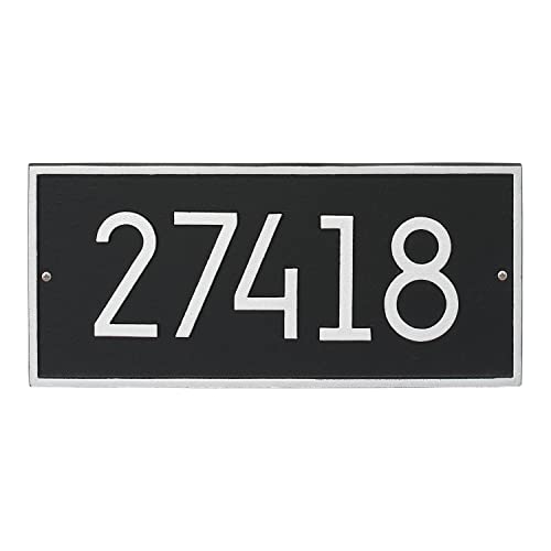 Whitehall Personalized Cast Metal Address Plaque - Custom Modern Horizontal House Number Sign, Rectangle 16.25 x 7.5 in, Silver on Black