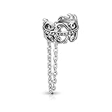 Pierced Owl Celtic Heart Filigree Non-Piercing Cartilage Ear Cuff with Dangling Chain (Silver Tone)
