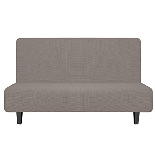 Image of Easy-Going Stretch Medium Futon Slipcover Armless Futon Cover Taupe | Sofa Bed Furniture Protector Without Armrests with Elastic Bottom for Kids, Soft Jacquard Machine Washable