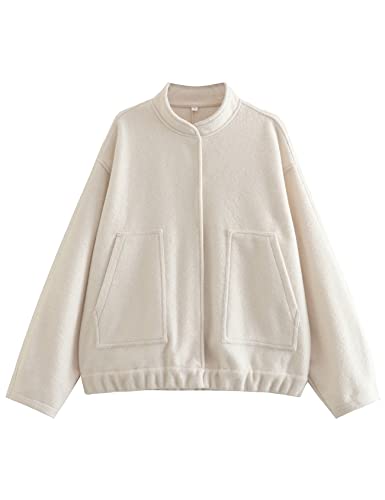 Arssm Women Oversized Long Sleeve Shacket Jackets Wool Blend Coat Button Down Outerwear Bomber Jackets(Beige-M) #TOP27