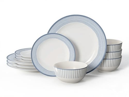 Sweese Lightweight Dinnerware Sets, Plates and Bowls Set for 6, 18 Pieces Stripe Dishes - Chip and Scratch Resistant, Microwave and Dishwasher Safe Porcelain Dinner Sets, Blue