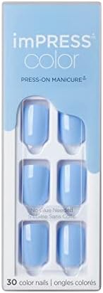KISS imPRESS Color Press-On Nails, Nail Kit, PureFit Technology, Short Length, “Baby Why So Blue”, Polish-Free Solid Color Manicure, Includes Prep Pad, Mini Nail File, Cuticle Stick, and 30 Fake Nails