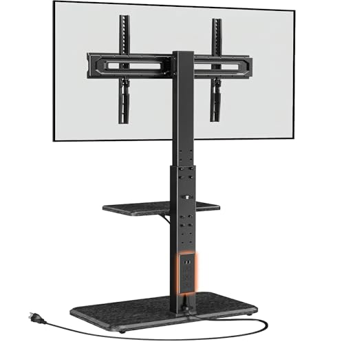 Perlegear Floor TV Stand with Power Outlet, Universal TV Stand for 32-75 inch TVs up to 110 lbs, Height Adjustable Standing TV Mount, Tall TV Mount with Wood Base, Max VESA 600x400mm, PGFS06