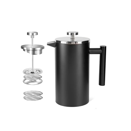 MaxMiuly Cafetiere 4 kop roestvrij staal Franse pers dubbelwandige geïsoleerde koffiepers (zwart 650ml