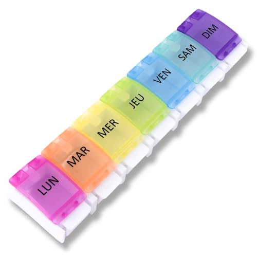 MEDIPILL - MEDIPILL - Pilulier Semainier Français | UNE PIECE - 7 Jours / 7 Compartiments | Pilulier Hebdomadaire | Boîte à médicaments avec boutons poussoirs | Arc en ciel | MED-S7B-BA-F