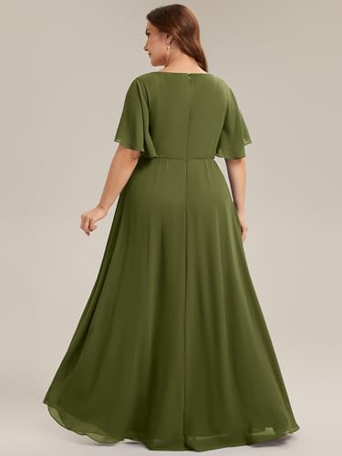Image of Ever-Pretty Plus Women's Chiffon Plus Size Formal Mother of Bride Dresses | V-Neck, Short Sleeve, Applique, A-Line, Empire Waist, Plus Size Formal Wedding Guest Evening Dresses