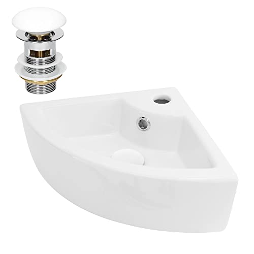 ML-Design Lavabo Esquinero de Cerámica 46 x 33 x 13 cm Blanco con Juego de Desagüe Fregadero de Pared o Sobre Encimera Pila Moderna Lavamanos para Baño o Aseo con Agujero para Grifo y Rebosadero