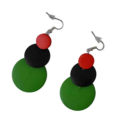 MM Women's Red Black and Green Pan-african Flag Dangling Hoop Wooden Earrings with Silvertone 4