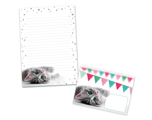 Briefpapier-Set Briefblock mit Umschlag für Mädchen Kinder Katze Tiere Kindermotiv Briefbögenblock liniert (Block A5 mit 25 Blätter + 15 Umschläge)