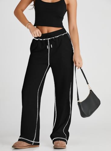Herseas High Waisted Sweatpants for Women 2025 Fall Wide Leg Contrast Stitching Drawstring Loose Lounge Jogging Pants4
