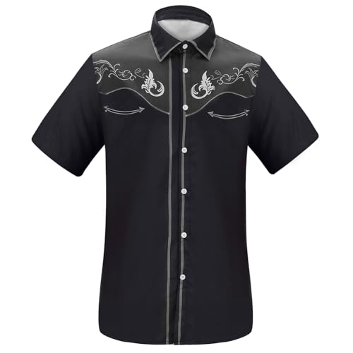 Camisa vaquera vintage para hombre, camisas bordadas occidentales, manga corta, solapa, vintage, camisa occidental, estilo retro, estilo vaquero, estampado tradicional, rockabilly, camisa informal hip