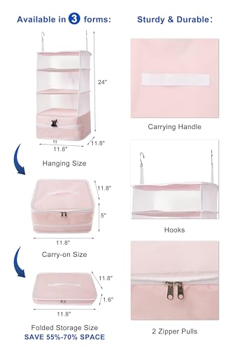 ELEZAY Hanging Packing Cubes Portable Closet Shelves Travel Collapsible Compression Garment Organizer for Carry-on Luggage Suitcase with Breathable Perforated Material Large_11.8 * 11.8 * 24 in, Pink3