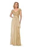 Huaxiafan Formal Gold Mother of The Bride Dresses Modest V Neck Capped Sleeves A Line Corset Back Lace Chiffon Evening Gown Size 12