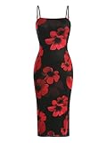 Verdusa Women's Floral Dress Wedding Guest Summer Flower Mesh Holiday Bodycon Midi Dresses Black Red Medium
