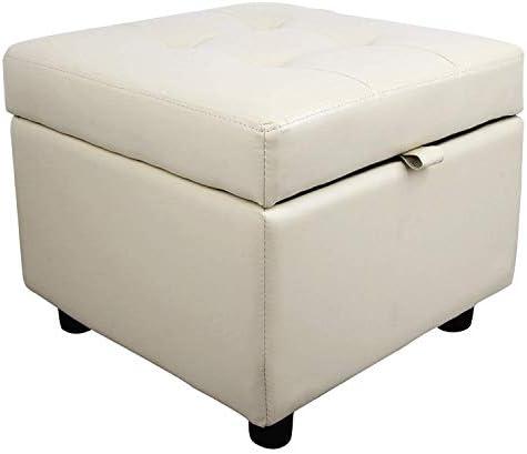 H&B Luxuries Tufted Leather Square Flip Top Storage Ottoman Cube Foot Rest (Cream with Storage)