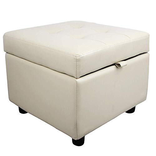 H&B Luxuries Tufted Leather Square Flip Top Storage Ottoman Cube Foot Rest (Cream With Storage) #TOP2
