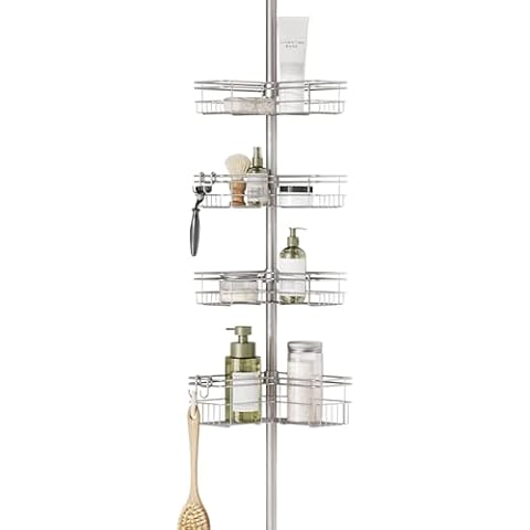 Zenna Home Tension Pole Shower Caddy with 4 L-Shaped Shelves with Hooks, Satin Nickel, 60-97 Inch – Rust-Resistant Corner Shower Organizer Shelf – Premium, Adjustable Shower Rack for Bath Essentials Cover