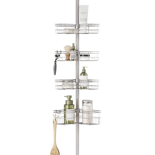 Zenna Home Tension Pole Shower Caddy Corner Organizer, Adjustable Standing Shower Caddy with 4 L-shaped Baskets and Hooks, Rust Resistant Bathroom Tension Rod Organizer, 60 to 97 Inch, Satin Nickel by Zenna Home - Used condition - US$29.47