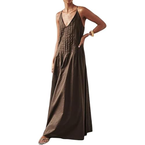 Women Summer Dresses Pleated Maxi Dresss Sleeveless Spaghetti Strap V