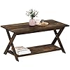 Furinno Modern Simplistic Coffee Table, 2-Tier Rectangle Modern Coffee Table with Open Shelf and X-Legs, Criss-Crossed Side Table, for Living Room, Bedroom, Home Office, Amber Pine