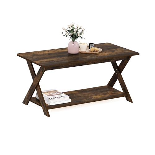 Image of Furinno Modern Simplistic Coffee Table, 2-Tier Rectangle Center Table with Open Shelf and X-Legs, Criss-Crossed Side Table, for Living Room, Bedroom, Home Office, Amber Pine