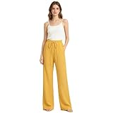 Women Cotton Linen Pants Lightweight Straight Leg Trousers Casual Drawstring Elastic Waist Trousers with Pockets Yellow