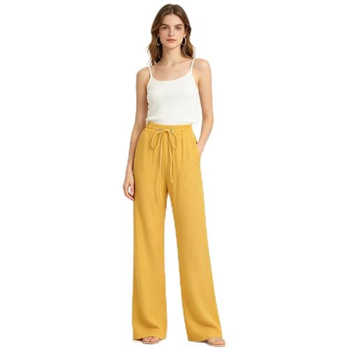 Women Cotton Linen Pants Lightweight Straight Leg Trousers Casual Drawstring Elastic Waist Trousers with Pockets Yellow