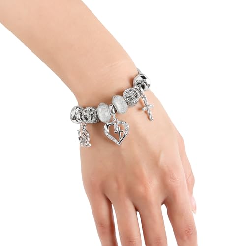 Charm Bracelet for Women, with Crystal and Heart Shape Glass Beads Sliver CZ Cross Snake Chain Bracelet, Trendy Charm Bracelet Jewelry Valentine's Day Gifts for Women2