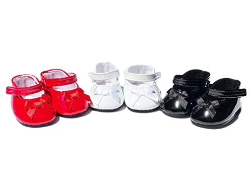 18 Inch Doll Shoes- 3 Pairs of Bow Mary Janes- Fits 18 Inch Girl Dolls (Red Black White)