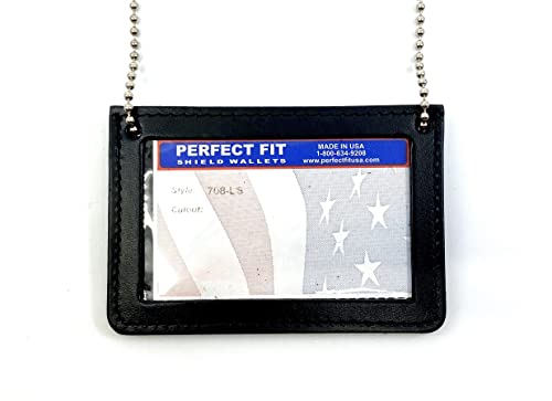 Neck Chain Double Sided ID Holder with 2 Clear Picture ID Windows, Leather Badge for Credential Pass to Wear Around The Neck for Police Law Enforcement, Factory Worker (Black) (Horizontal)